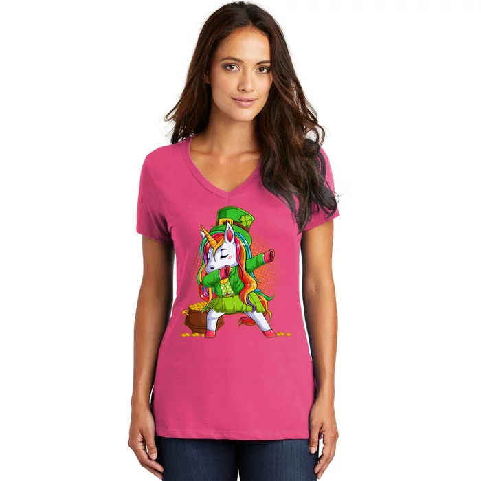 Funny St Patricks Dabbing Leprechaun Rainbow Unicorn Women's V-Neck T-Shirt