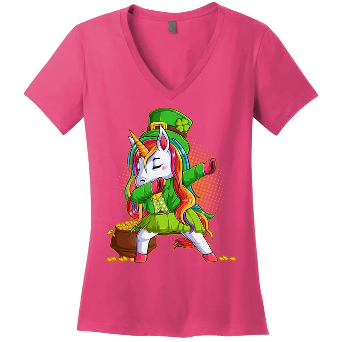 Funny St Patricks Dabbing Leprechaun Rainbow Unicorn Women's V-Neck T-Shirt