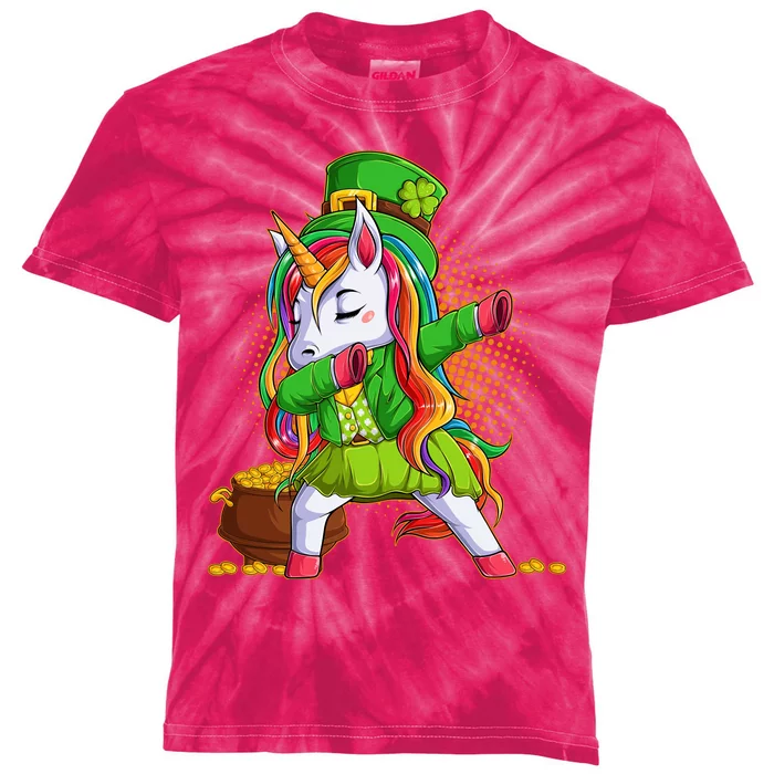 Funny St Patricks Dabbing Leprechaun Rainbow Unicorn Kids Tie-Dye T-Shirt