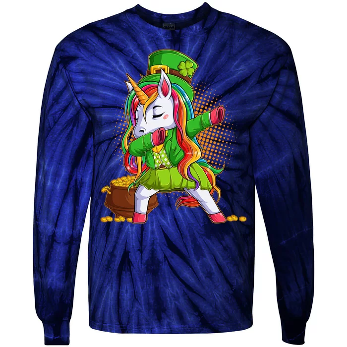 Funny St Patricks Dabbing Leprechaun Rainbow Unicorn Tie-Dye Long Sleeve Shirt