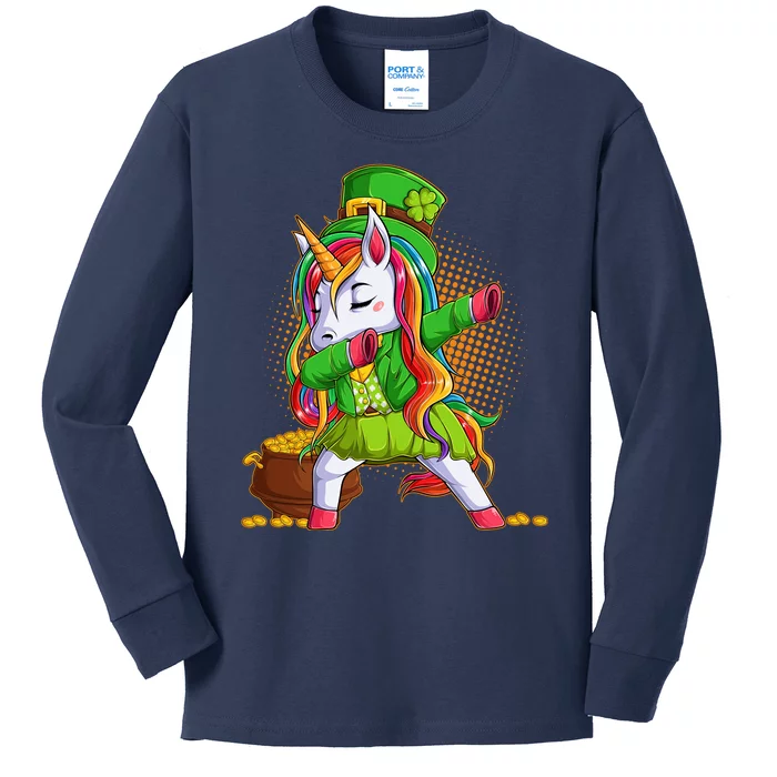 Funny St Patricks Dabbing Leprechaun Rainbow Unicorn Kids Long Sleeve Shirt