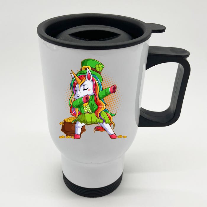 Funny St Patricks Dabbing Leprechaun Rainbow Unicorn Front & Back Stainless Steel Travel Mug