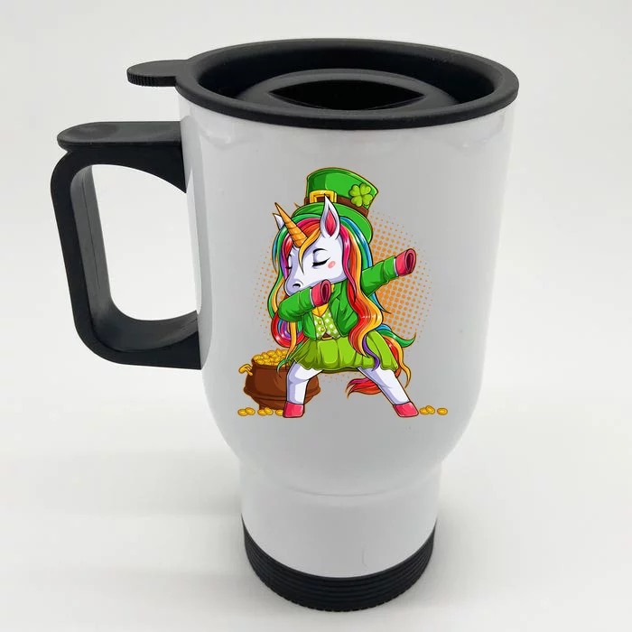 Funny St Patricks Dabbing Leprechaun Rainbow Unicorn Front & Back Stainless Steel Travel Mug