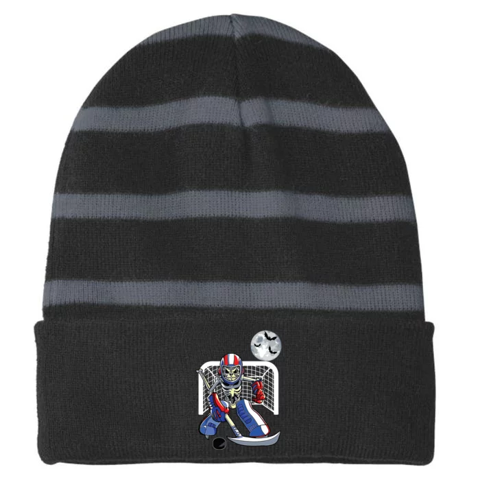 Funny Skeleton Playing Ice Hockey Happy Halloween Day Boy Striped Beanie with Solid Band