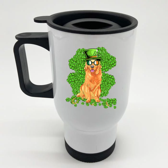 Funny St Patricks Day Golden Retriever Dog Cute Shamrock Front & Back Stainless Steel Travel Mug