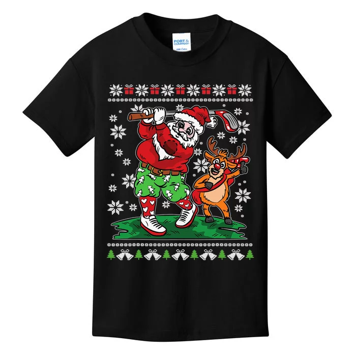 Funny Santa Playing Golf Sports Ugly Golf Christmas Kids T-Shirt