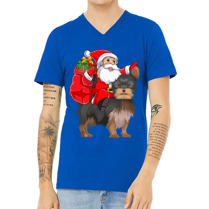 Funny Santa Riding Yorkshire Terrier Dog Christmas Cool Gift V-Neck T-Shirt