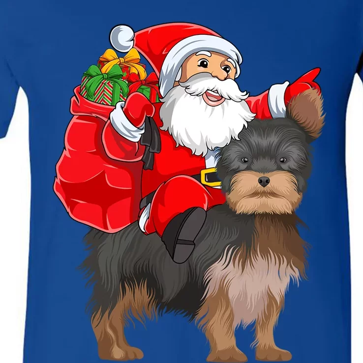 Funny Santa Riding Yorkshire Terrier Dog Christmas Cool Gift V-Neck T-Shirt