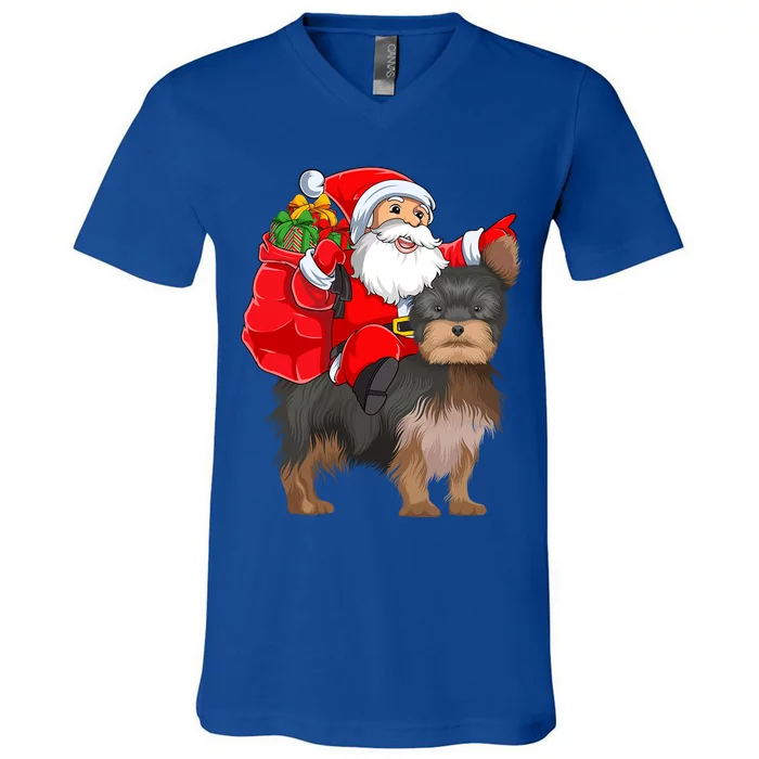 Funny Santa Riding Yorkshire Terrier Dog Christmas Cool Gift V-Neck T-Shirt