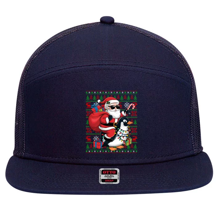 Funny Santa Riding Penguin Bird Christmas Ugly Xmas Lights 7 Panel Mesh Trucker Snapback Hat