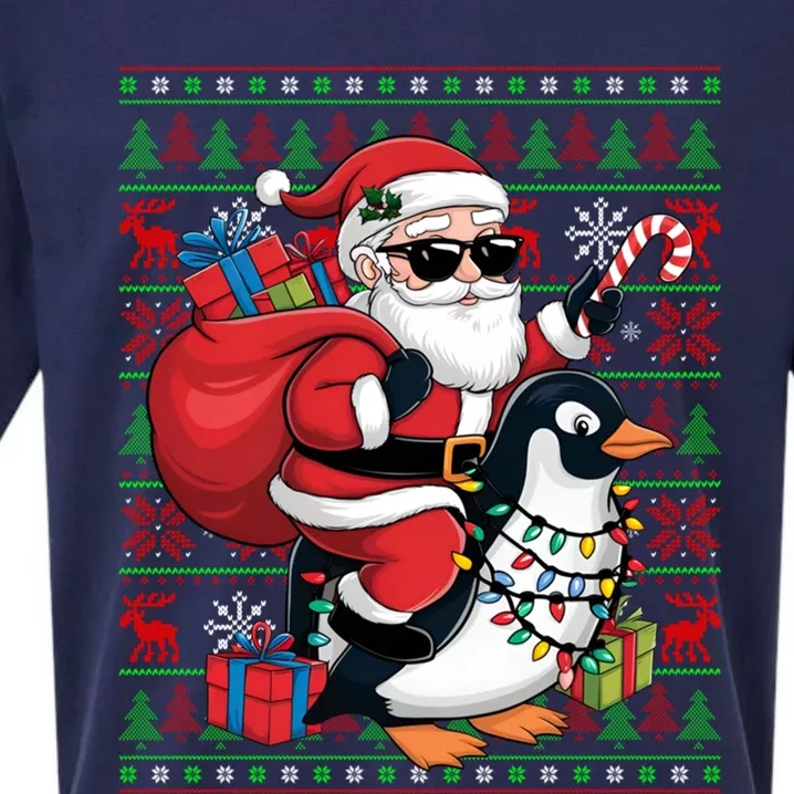 Funny Santa Riding Penguin Bird Christmas Ugly Xmas Lights Sueded Cloud Jersey T-Shirt