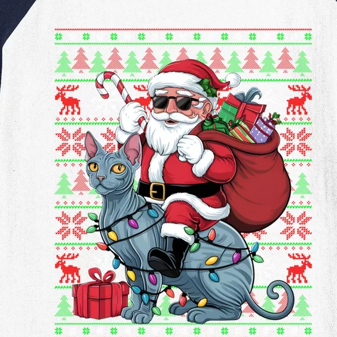 Funny Santa Riding Sphynx Cat Christma Ugly Xmas Lights Baseball Sleeve Shirt