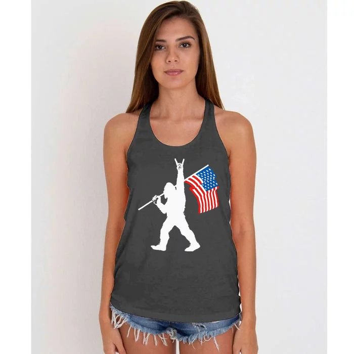 Funny Sasquatch Rock And Roll USA Flag For Bigfoot Believers Women's Knotted Racerback Tank