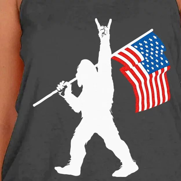 Funny Sasquatch Rock And Roll USA Flag For Bigfoot Believers Women's Knotted Racerback Tank