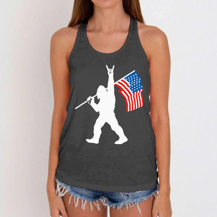 Funny Sasquatch Rock And Roll USA Flag For Bigfoot Believers Women's Knotted Racerback Tank