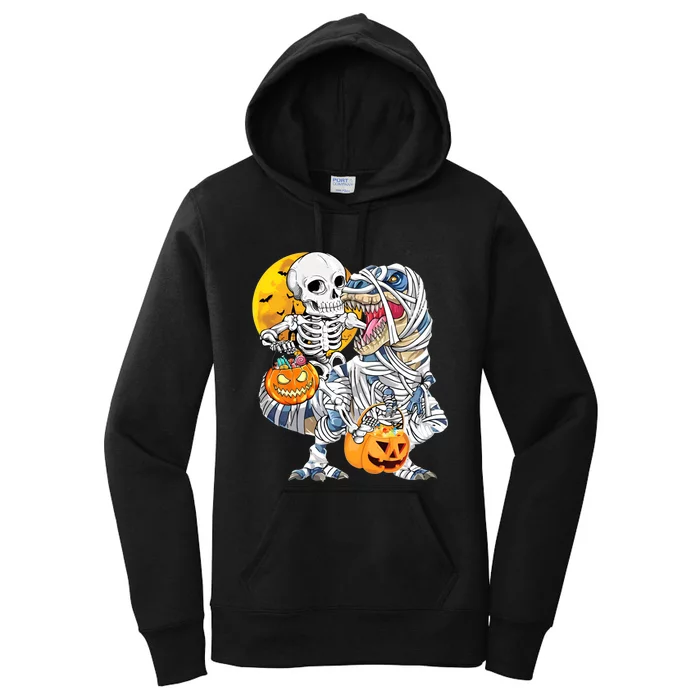 Funny Skeleton Riding Mummy Dinosaur T Rex Halloween Pumpkin Women's Pullover Hoodie