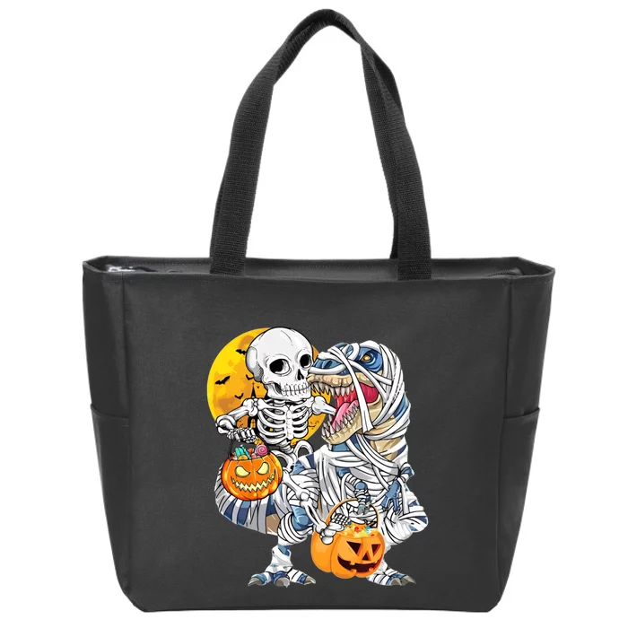 Funny Skeleton Riding Mummy Dinosaur T Rex Halloween Pumpkin Zip Tote Bag