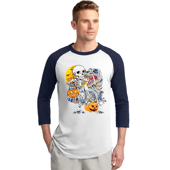 Funny Skeleton Riding Mummy Dinosaur T Rex Halloween Pumpkin Baseball Sleeve Shirt