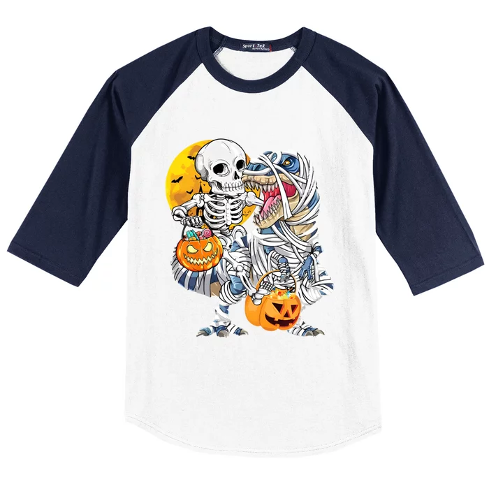 Funny Skeleton Riding Mummy Dinosaur T Rex Halloween Pumpkin Baseball Sleeve Shirt