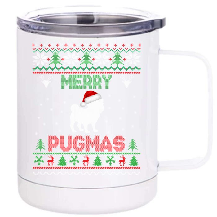 Funny Santa Reindeer Pug Xmas Ugly Christmas Merry Pugmas Gift Front & Back 12oz Stainless Steel Tumbler Cup