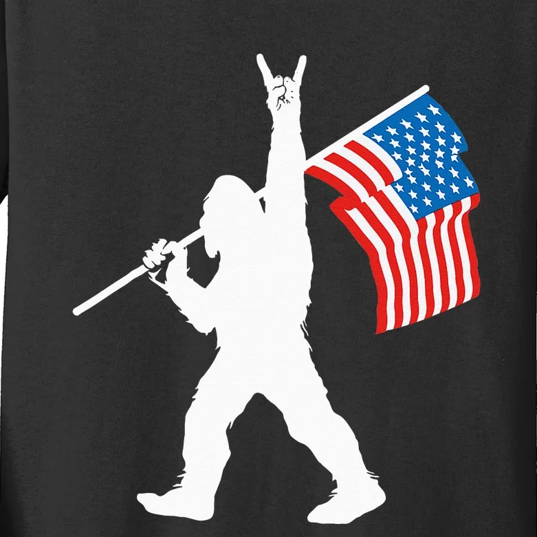 Funny Sasquatch Rock and Roll USA Flag for Bigfoot Believers Kids Long Sleeve Shirt