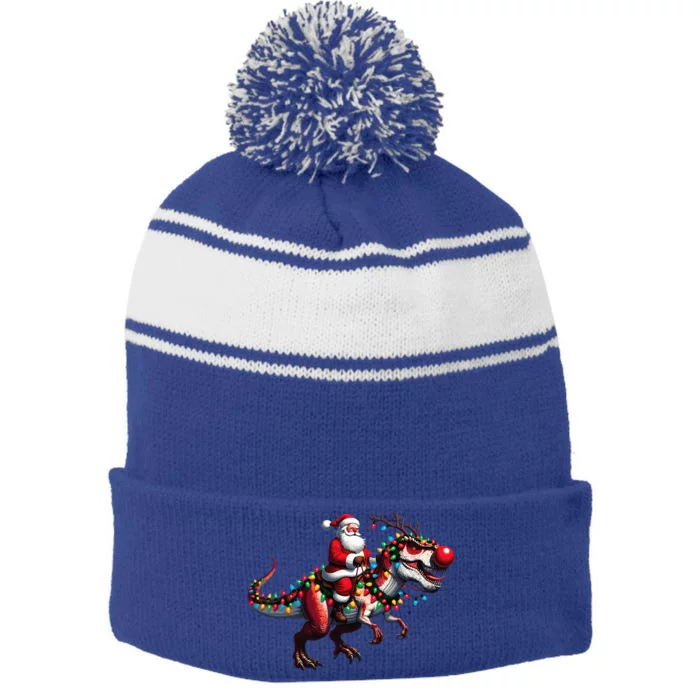 Funny Santa Riding A Reindeer Dinosaur Christmas Stripe Pom Pom Beanie