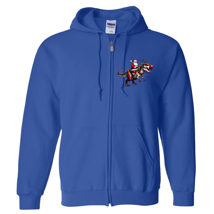 Funny Santa Riding A Reindeer Dinosaur Christmas Full Zip Hoodie