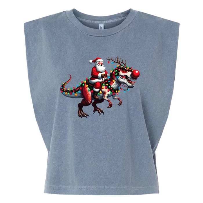 Funny Santa Riding A Reindeer Dinosaur Christmas Garment-Dyed Women's Muscle Tee