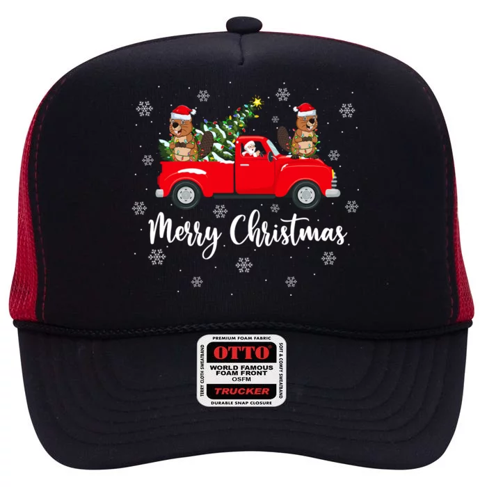 Funny Santa Riding Christmas Tree Truck Beaver Christmas High Crown Mesh Trucker Hat