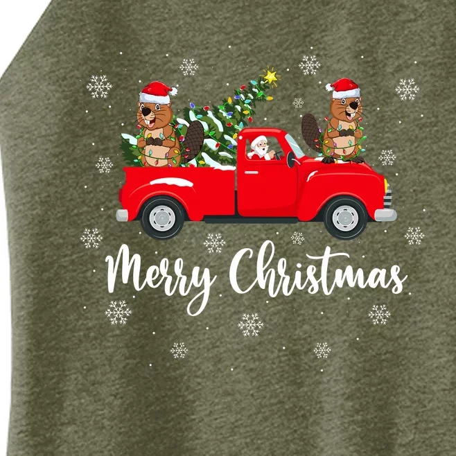 Funny Santa Riding Christmas Tree Truck Beaver Christmas Women’s Perfect Tri Rocker Tank