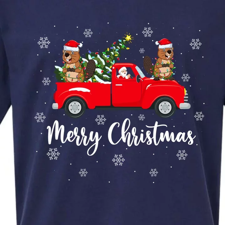 Funny Santa Riding Christmas Tree Truck Beaver Christmas Sueded Cloud Jersey T-Shirt