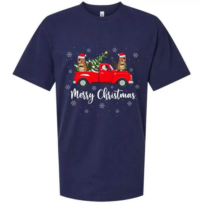 Funny Santa Riding Christmas Tree Truck Beaver Christmas Sueded Cloud Jersey T-Shirt