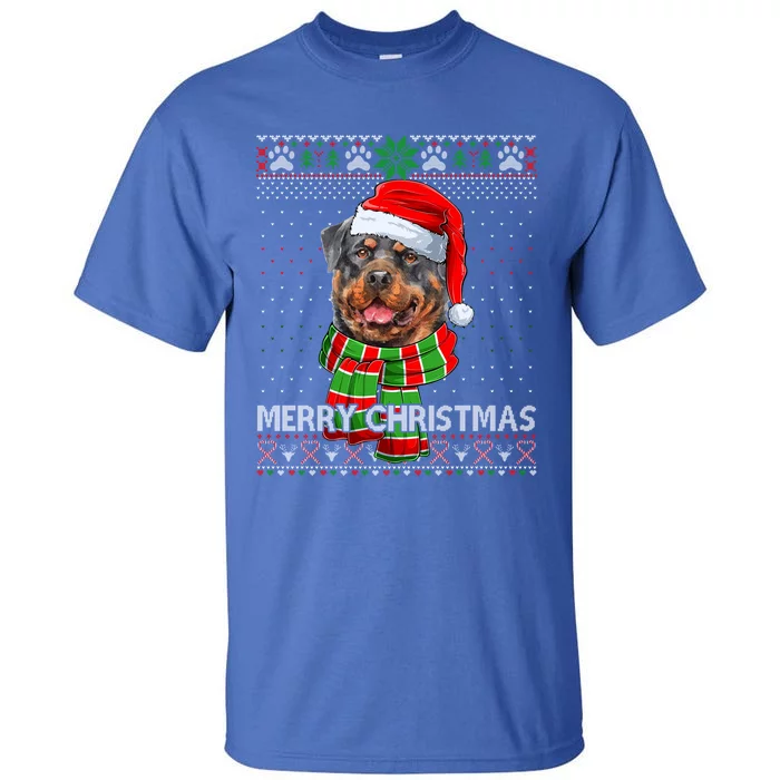 Funny Santa Rottweiler Scarf Lover Ugly Christmas Sweater Gift Tall T-Shirt