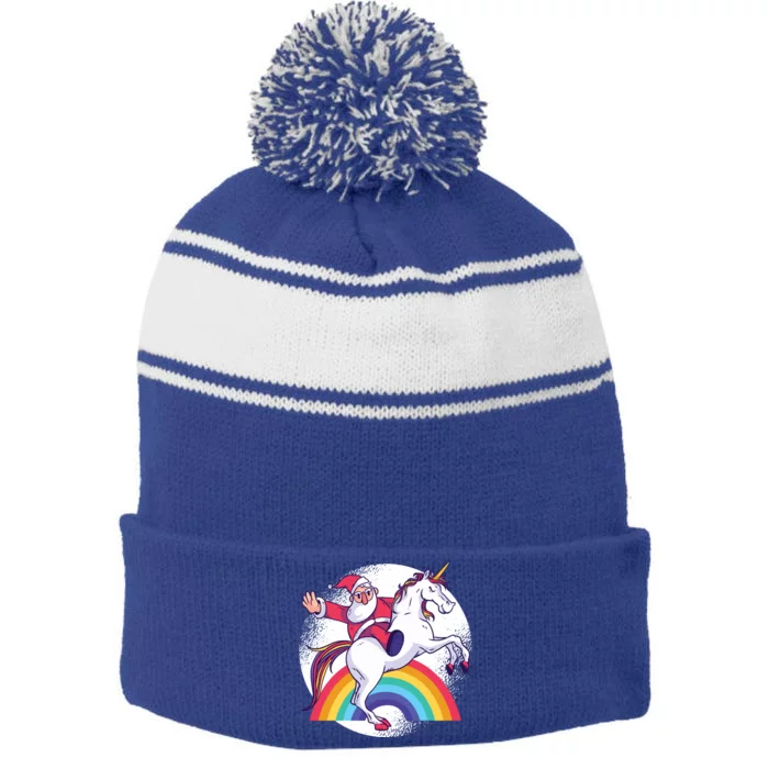 Funny Santa Riding A Unicorn Father Christmas Rainbow Funny Gift Stripe Pom Pom Beanie