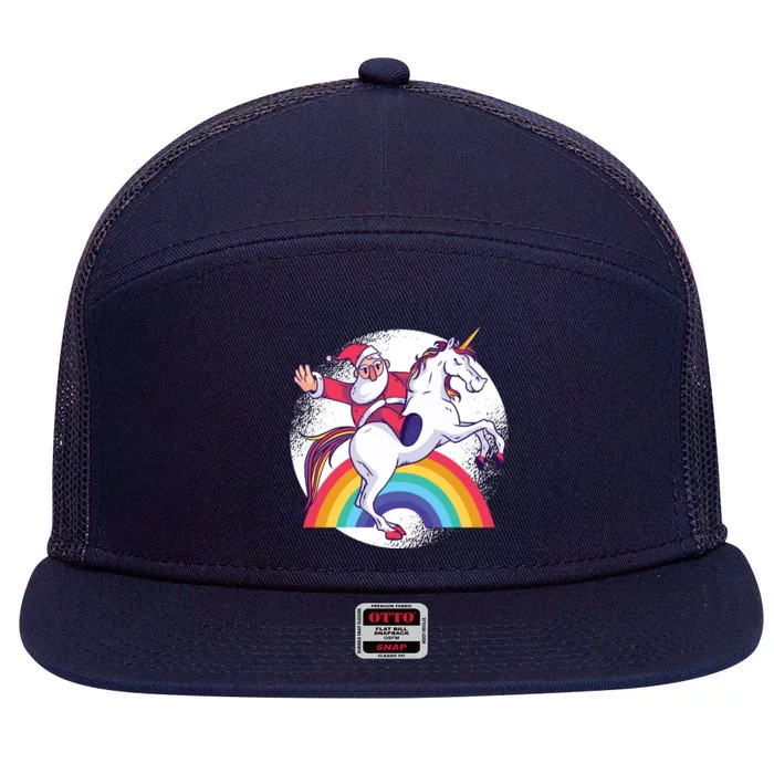 Funny Santa Riding A Unicorn Father Christmas Rainbow Funny Gift 7 Panel Mesh Trucker Snapback Hat