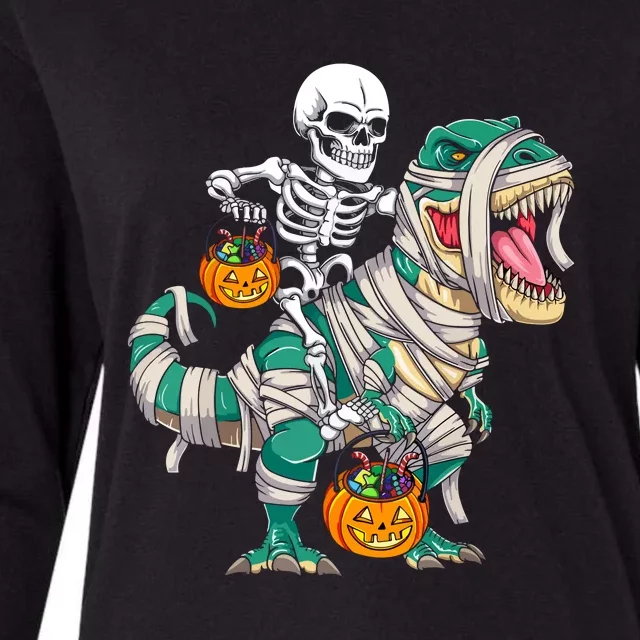 Funny Skeleton Riding Mummy Dinosaur T Rex For Halloween Gift Womens Cotton Relaxed Long Sleeve T-Shirt