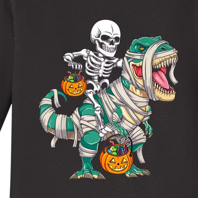 Funny Skeleton Riding Mummy Dinosaur T Rex For Halloween Gift Baby Long Sleeve Bodysuit