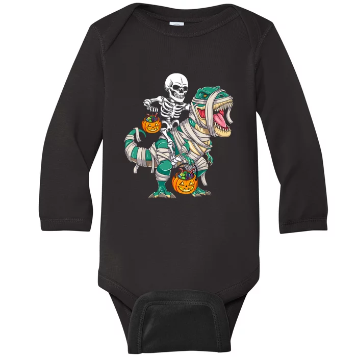 Funny Skeleton Riding Mummy Dinosaur T Rex For Halloween Gift Baby Long Sleeve Bodysuit