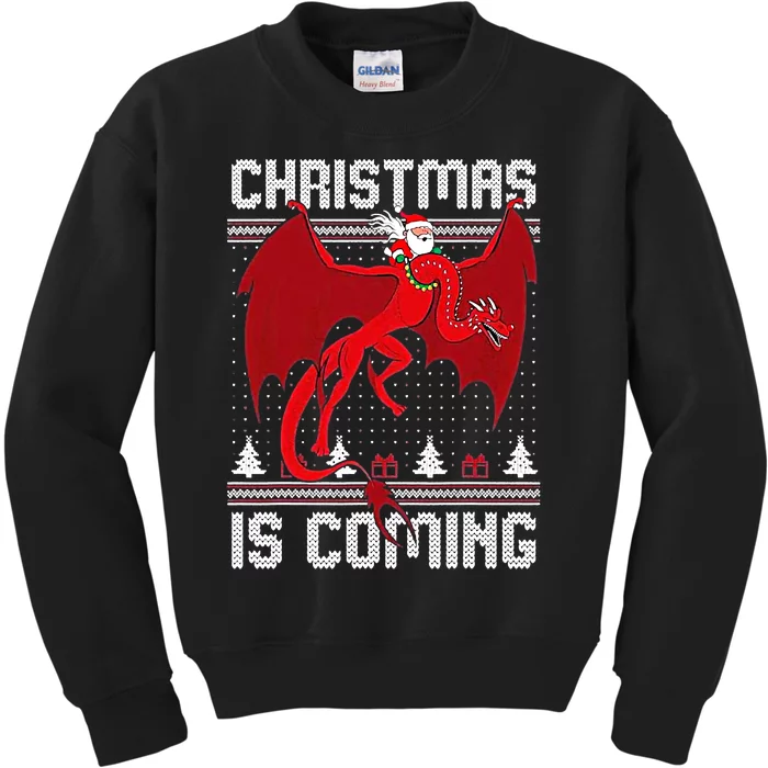 Funny Santa Riding A Dragon Christmas Is Coming Ugly Kids Sweatshirt