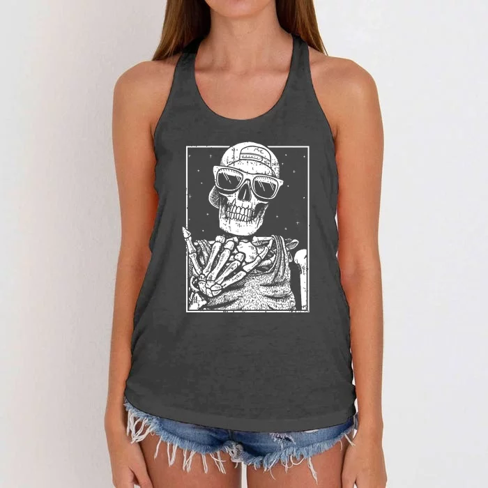 Funny Skeleton Rock Hand Halloween Cool Rock Music Rocker Gift Women's Knotted Racerback Tank