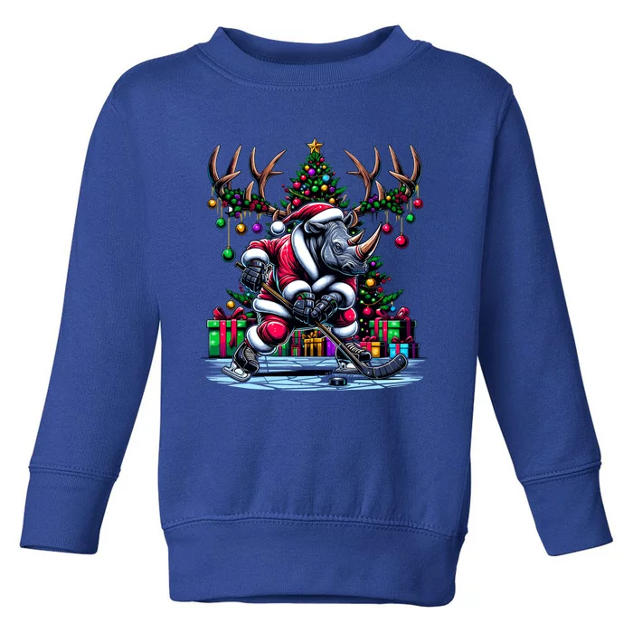 Funny Santa Rhino Playing Hockey Christmas Gift Toddler Sweatshirt