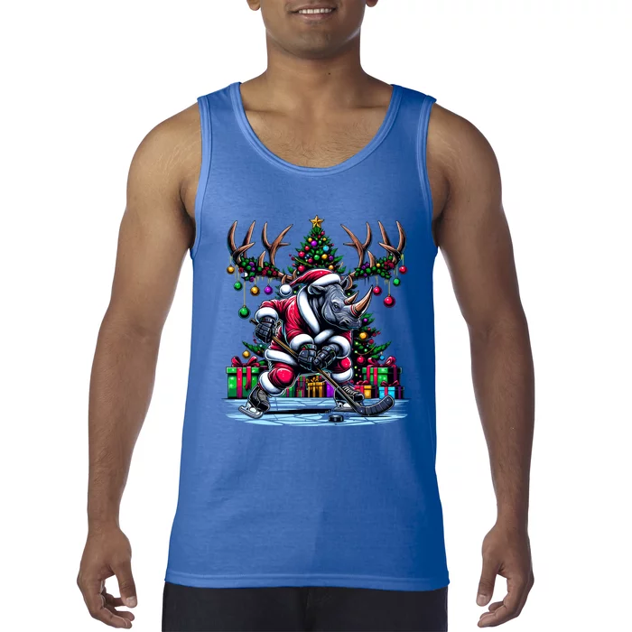 Funny Santa Rhino Playing Hockey Christmas Gift Tank Top