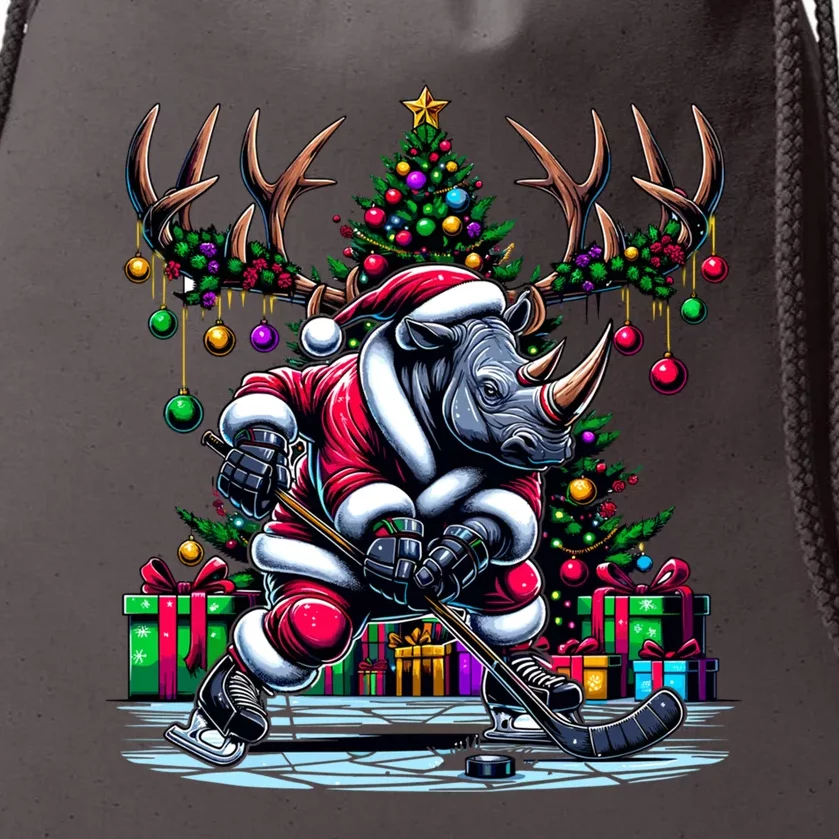 Funny Santa Rhino Playing Hockey Christmas Gift Drawstring Bag