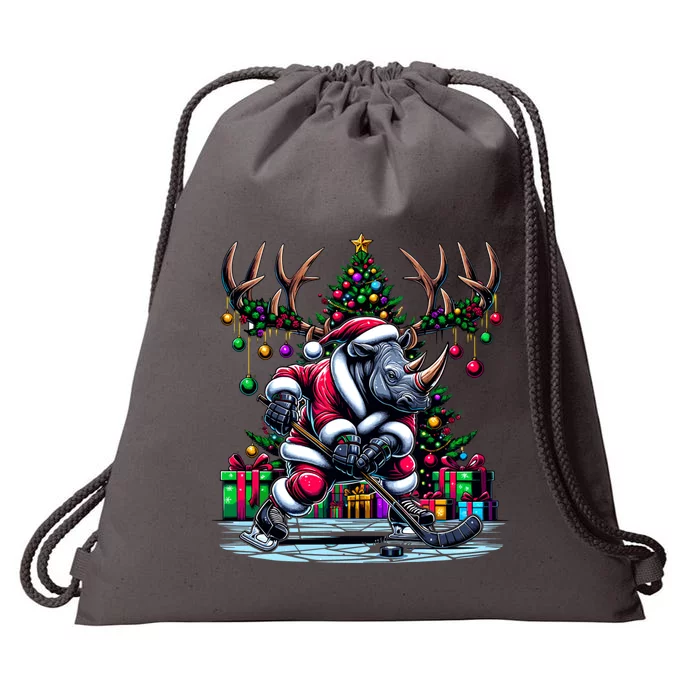 Funny Santa Rhino Playing Hockey Christmas Gift Drawstring Bag