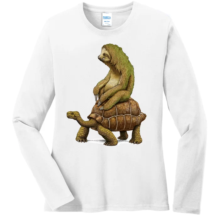 Funny Sloth Riding Turtle Speed Is Relative Ladies Long Sleeve Shirt