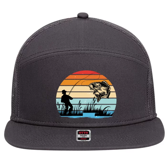 Fishing Sunset Retro Vintage Gift 7 Panel Mesh Trucker Snapback Hat