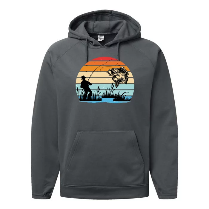 Fishing Sunset Retro Vintage Gift Performance Fleece Hoodie