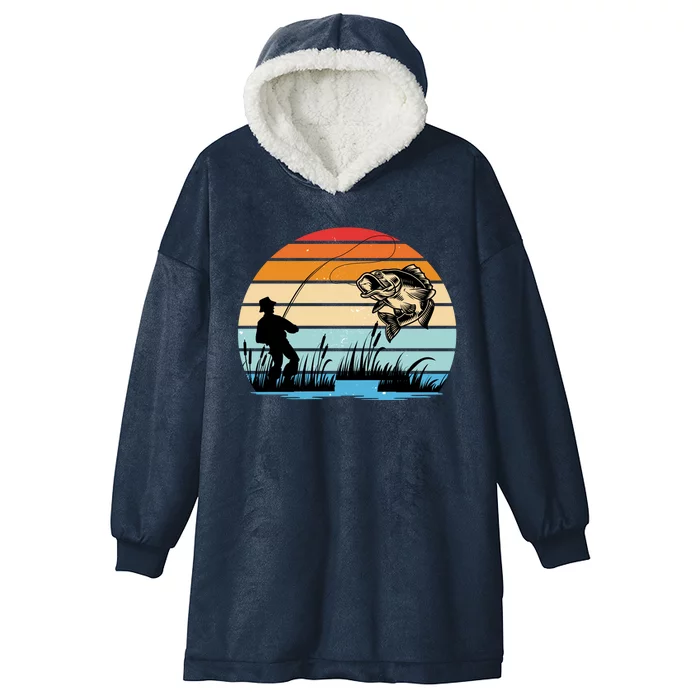 Fishing Sunset Retro Vintage Gift Hooded Wearable Blanket