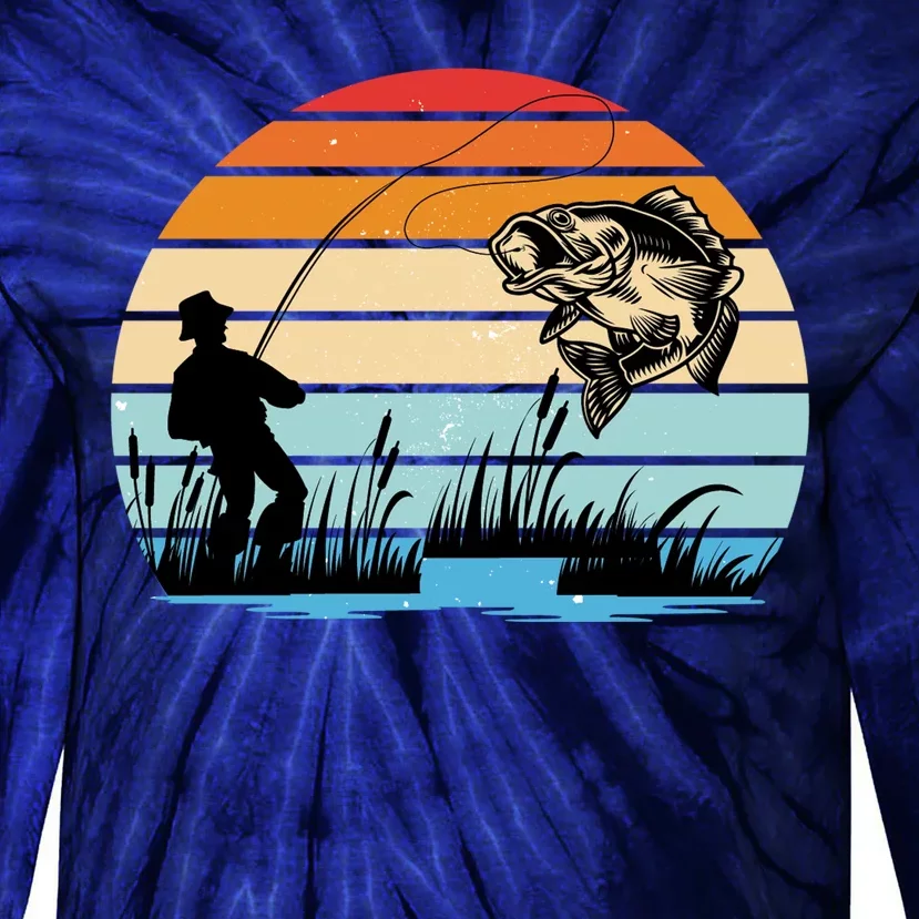 Fishing Sunset Retro Vintage Gift Tie-Dye Long Sleeve Shirt