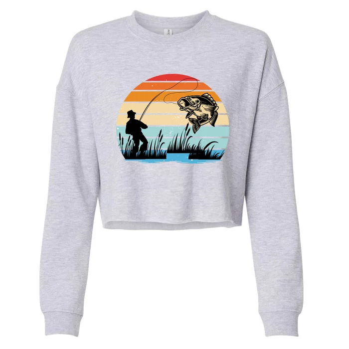 Fishing Sunset Retro Vintage Gift Cropped Pullover Crew